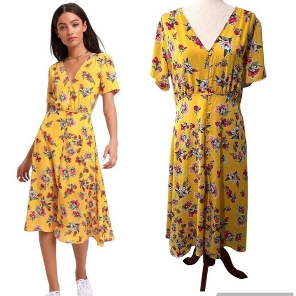Lulus Dresses & Skirts - Lulus Button Front Midi Dress Women Large Short Sleeve Yellow Floral